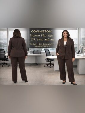 Covington Women Plus Size 2PC Pant Suit Set Brown Stretch Blazer Pants 24W 26W